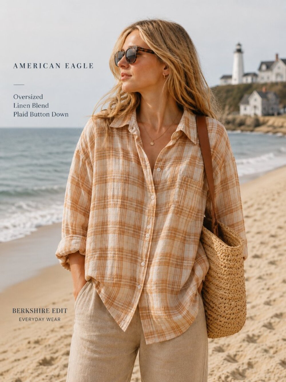 NWOT American Eagle Oversized Linen-Blend Plaid Button Down Shirt Roll Tab XS-1X
